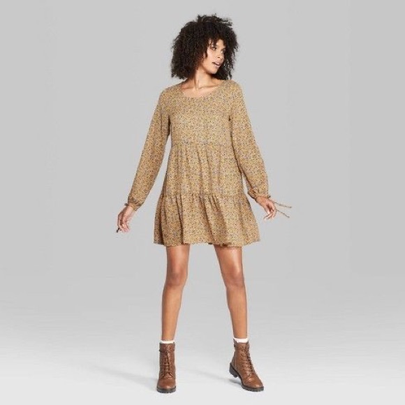 wild fable Dresses & Skirts - Wild Fable Ditsy Gold Tiered Babydoll Mini Dress